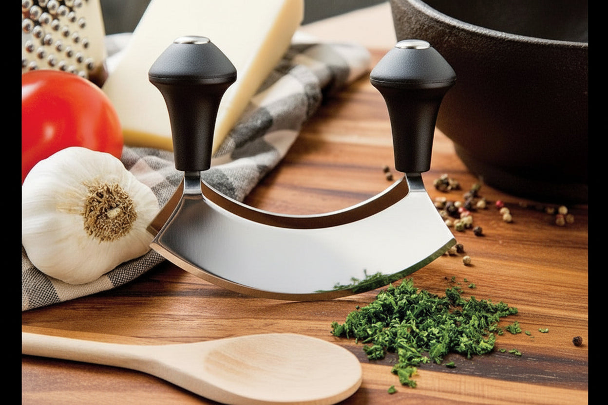 Cuchillo Mezzaluna de doble hoja Cuisinox, acero inoxidable