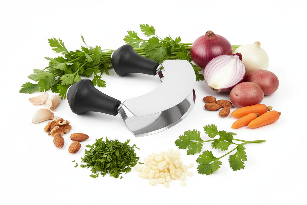 Cuchillo Mezzaluna de doble hoja Cuisinox, acero inoxidable