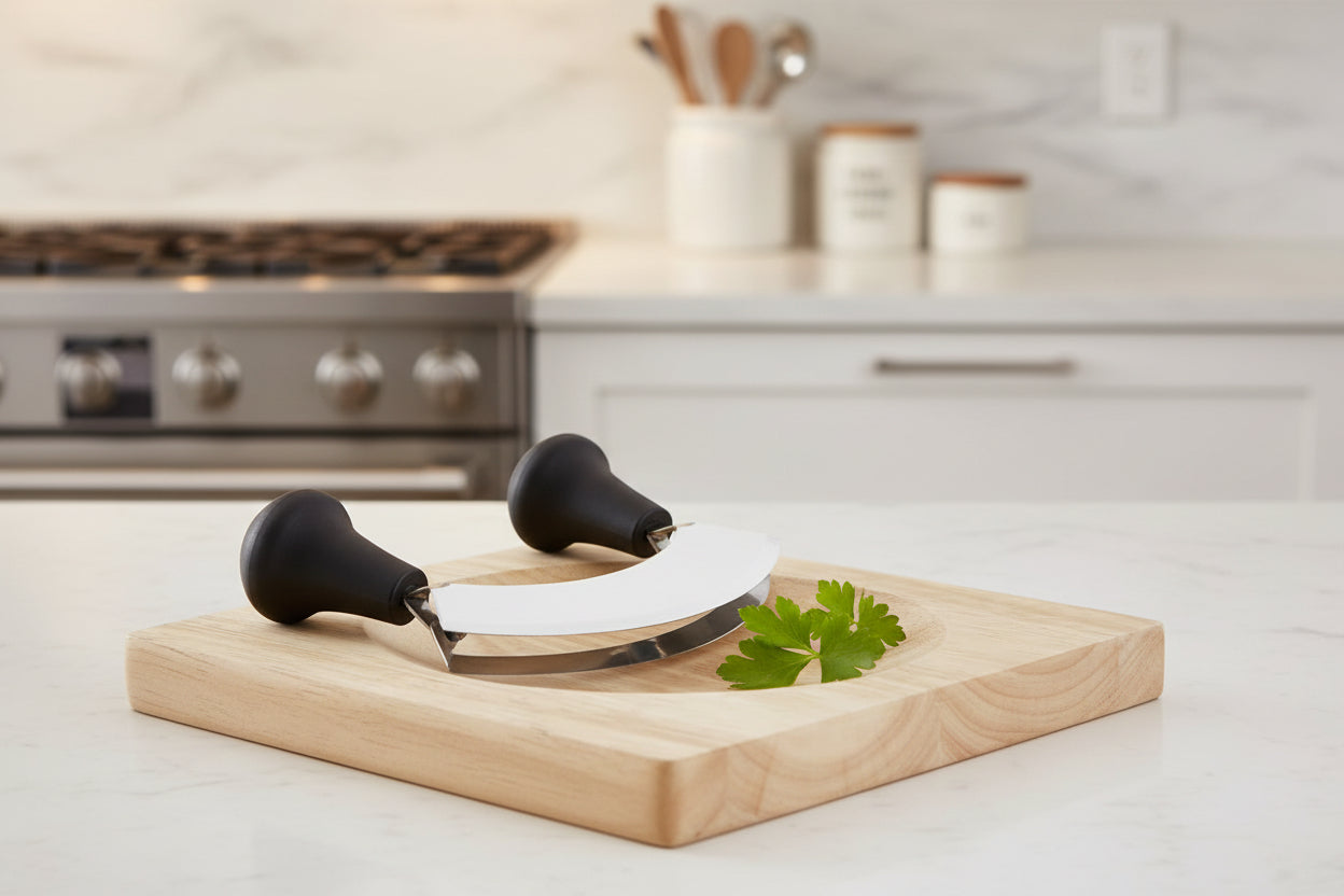 Cuchillo Mezzaluna de doble hoja Cuisinox, acero inoxidable