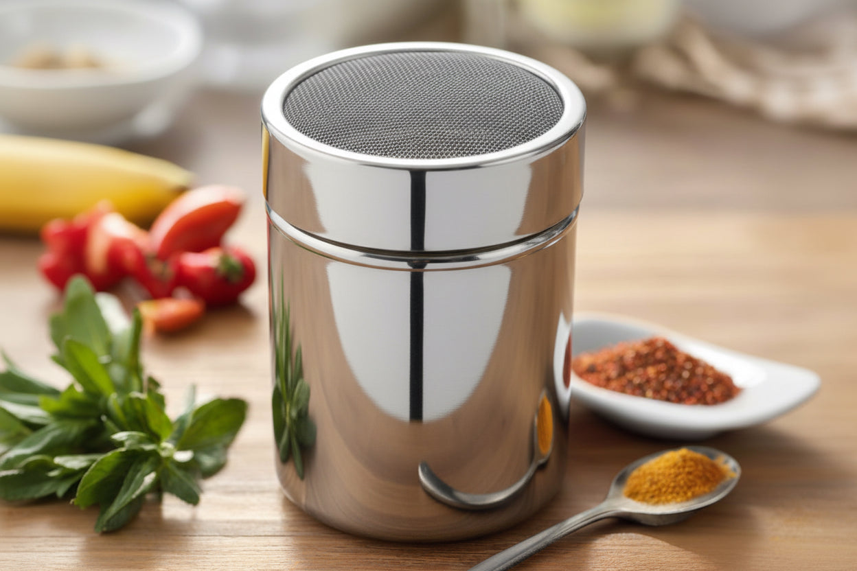 A silver stainless steel powder dispenser shaker on a kitchen countertop with a mesh top, surrounded by various kitchen ingredients and utensils.